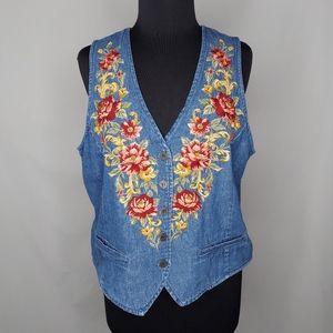 Bushwacker Vtg Vest Denim Embroidered Floral‎ Button Tie Back 90s Western Boho